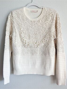Tory Burch Cream Crochet Lace Crewneck Sweater Size XL